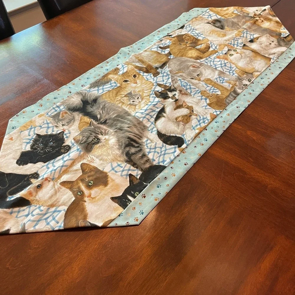 Handmade Cat Print Table Runner 14.5x41.5 Blue Reversible Paw Print Kitsch Decor